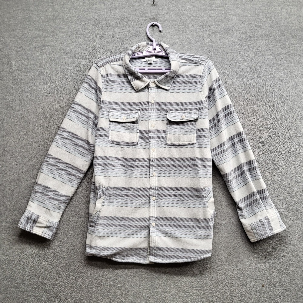 O'Neill Boy Button Up Shirt Large White Striped Flannel Snap Long Sleeve Pockets